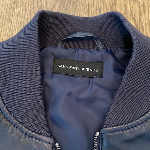 Saks Mens Navy Blue Leather Bomber - Picture 2 of 9